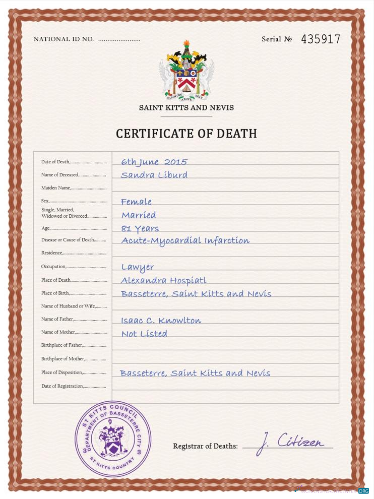 Качественный Скачать Saint Kitts и Nevis Death Certificate PSD Шаблон Photoshop Шаблон