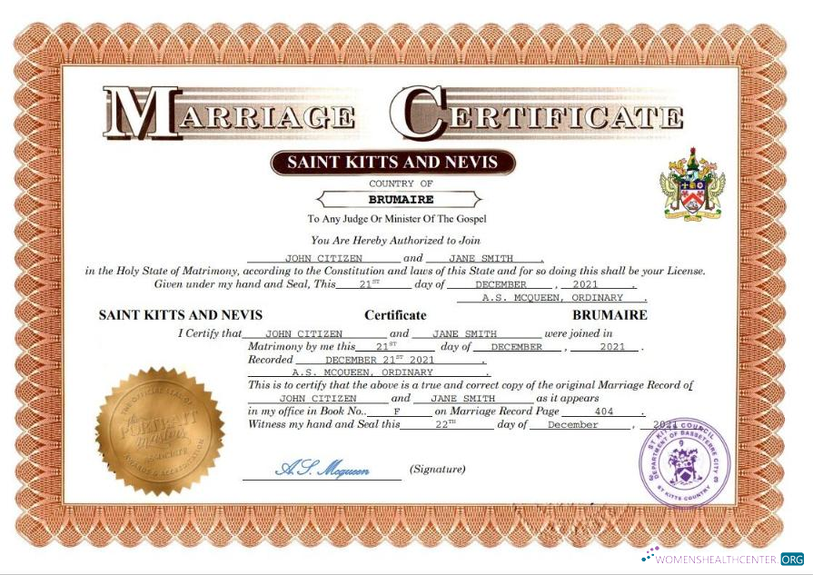 Профессиональный Скачать Saint Kitts и Nevis Marriage Certificate Word и PDF Шаблон Photoshop Шаблон