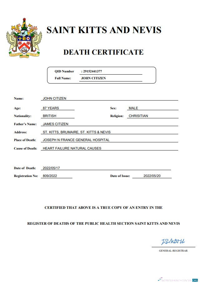 Редактируемый Скачать Saint Kitts и Nevis Vital Record Death Certificate Word и PDF Шаблон Photoshop Шаблон