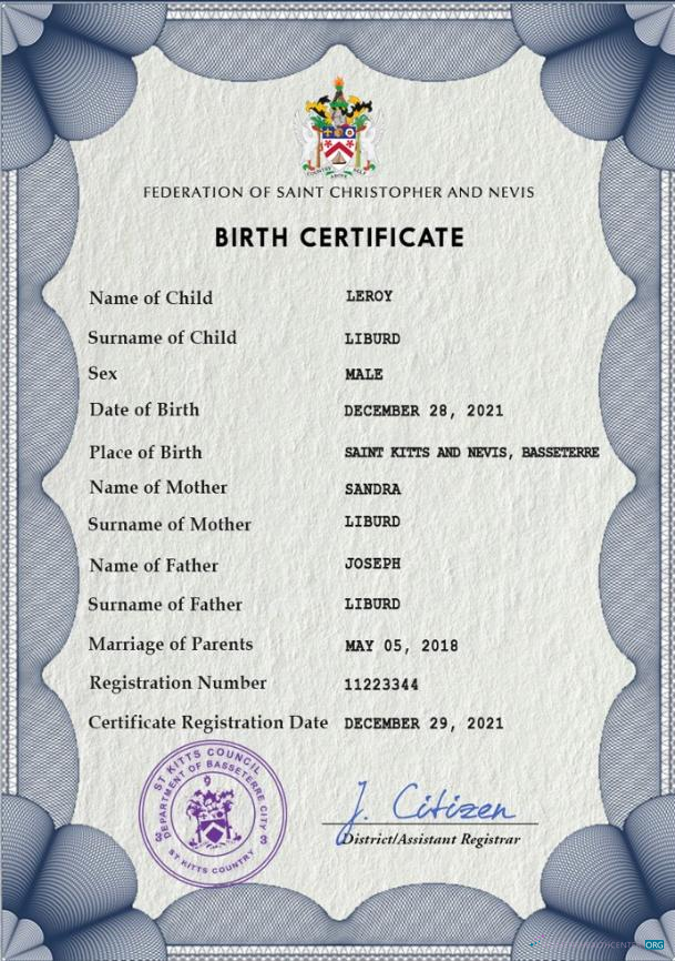 Премиум Скачать Saint Kitts Vital Record Birth Certificate PSD Шаблон Photoshop Шаблон