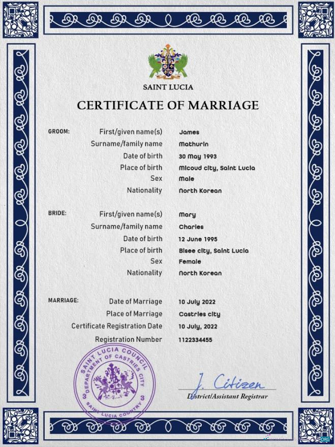 Качественный Скачать Saint Lucia Marriage Certificate PSD Шаблон Photoshop Шаблон