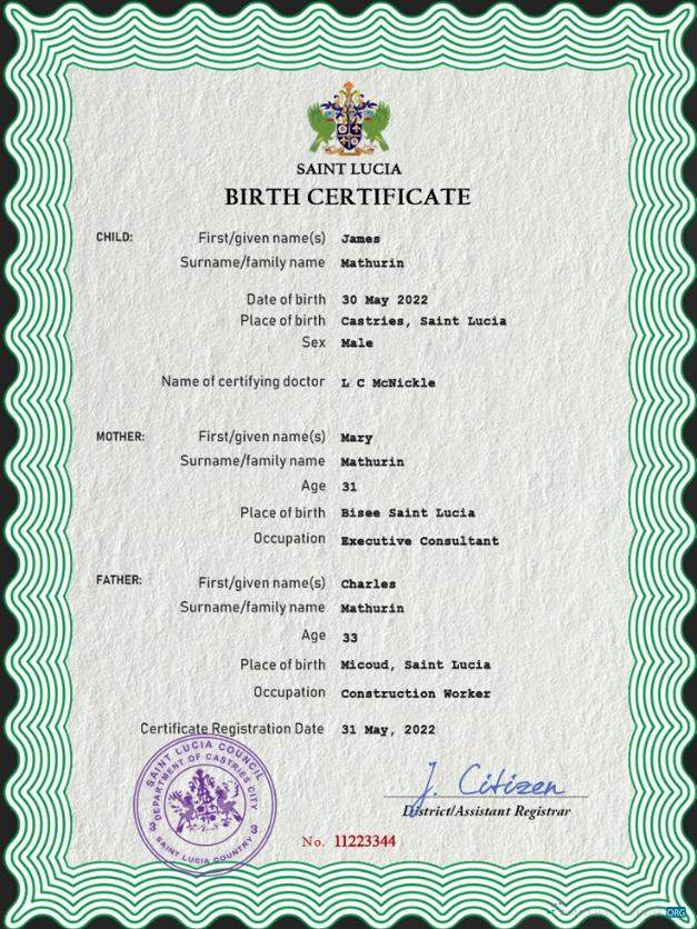 Реалистичный Скачать Saint Lucia Vital Record Birth Certificate PSD Шаблон Photoshop Шаблон