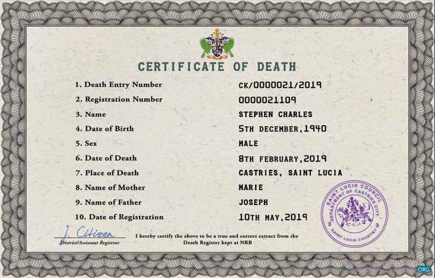 Реалистичный Скачать Saint Lucia Vital Record Death Certificate PSD Шаблон Photoshop Шаблон