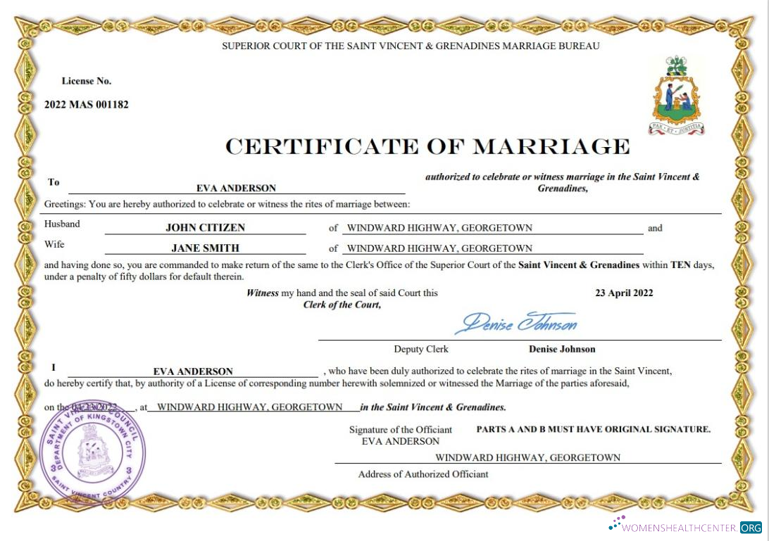 Реалистичный Скачать Saint Vincent и Grenadies Marriage Certificate Word и PDF Шаблон Photoshop Шаблон