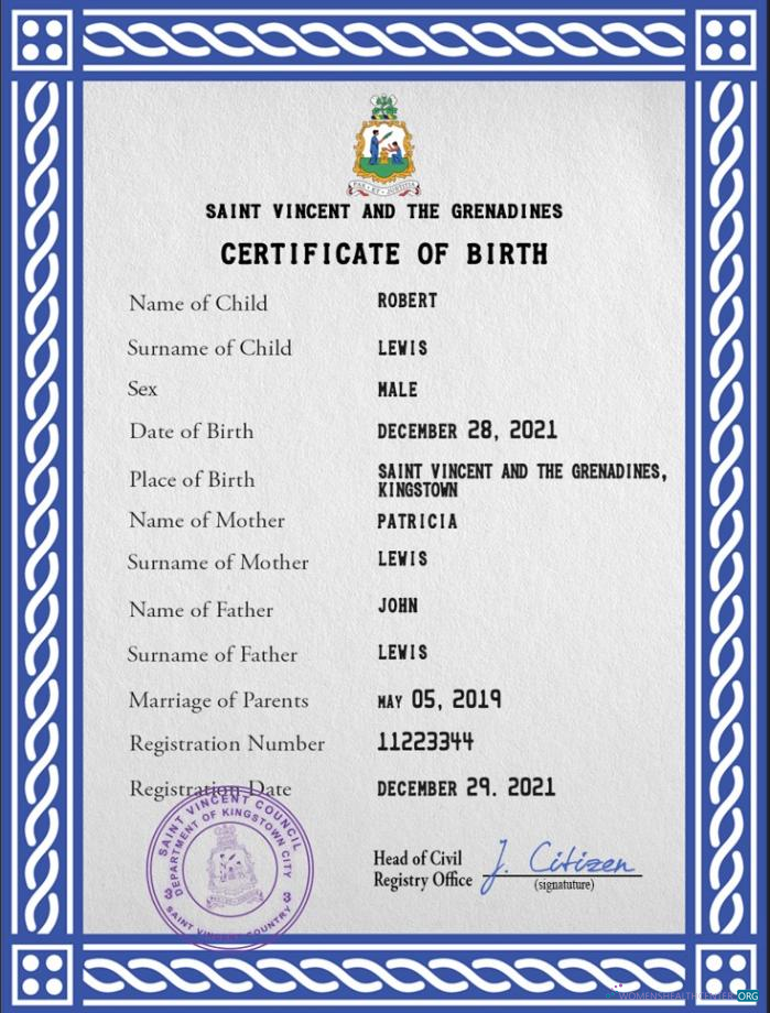 Реалистичный Скачать Saint Vincent и Grenadines Birth Certificate PSD Шаблон Photoshop Шаблон
