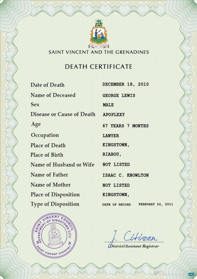 Премиум Скачать Saint Vincent и Grenadines Death Certificate PSD Шаблон Photoshop Шаблон