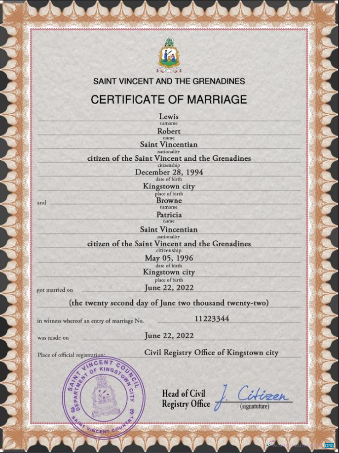 Премиум Скачать Saint Vincent и Grenadines Marriage Certificate Photoshop Шаблон