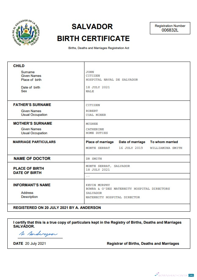 Реалистичный Скачать Сальвадор Birth Certificate Word и PDF Шаблон Photoshop Шаблон