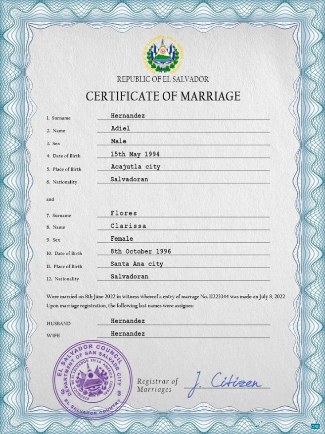 Реалистичный Скачать Сальвадор Marriage Certificate PSD Шаблон Photoshop Шаблон