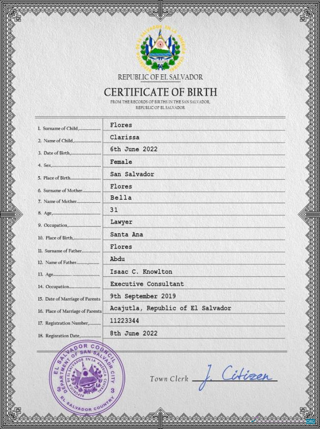 Качественный Скачать Сальвадор Vital Record Birth Certificate PSD Шаблон Photoshop Шаблон