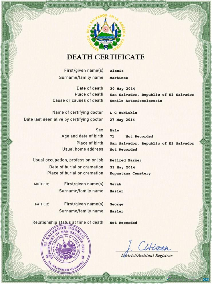 Премиум Скачать Сальвадор Vital Record Death Certificate PSD Шаблон Photoshop Шаблон