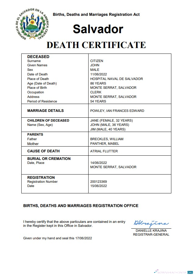 Профессиональный Скачать Сальвадор Vital Record Death Certificate Word и PDF Шаблон Photoshop Шаблон