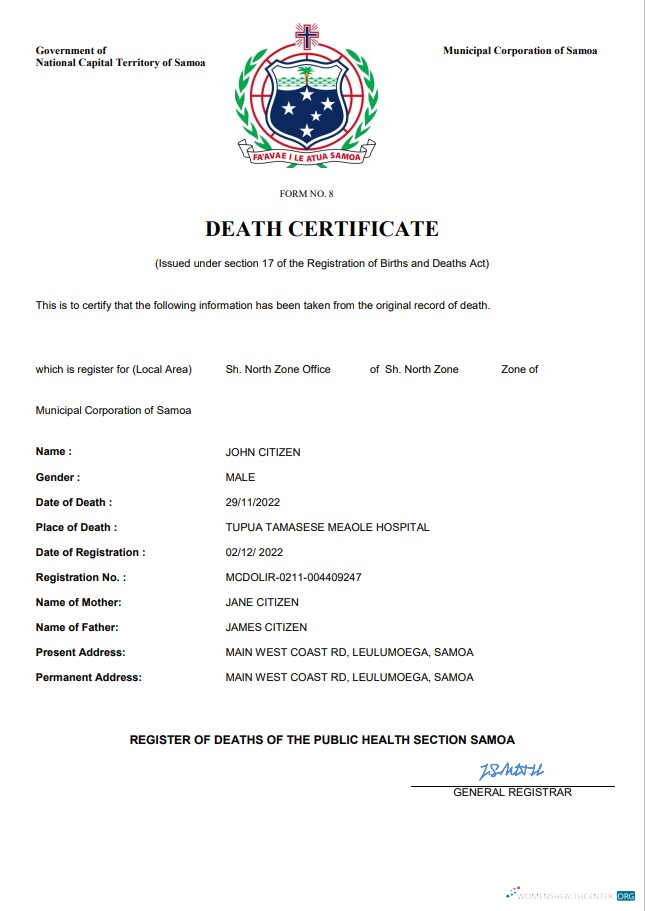 Редактируемый Скачать Самоа Death Certificate Word и PDF Шаблон Photoshop Шаблон