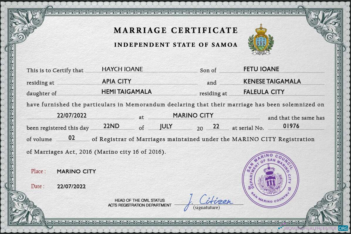 Редактируемый Скачать Самоа Marriage Certificate PSD Шаблон Photoshop Шаблон
