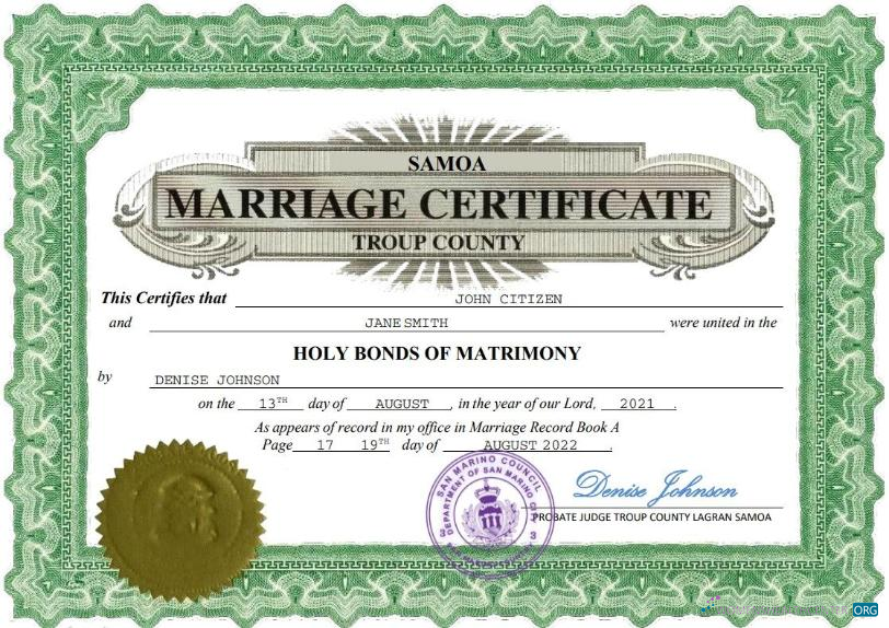 Реалистичный Скачать Самоа Marriage Certificate Word и PDF Шаблон Photoshop Шаблон