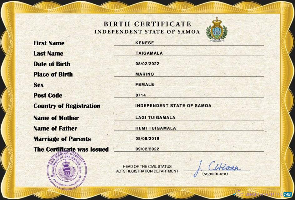 Качественный Скачать Самоа Vital Record Birth Certificate PSD Шаблон Photoshop Шаблон