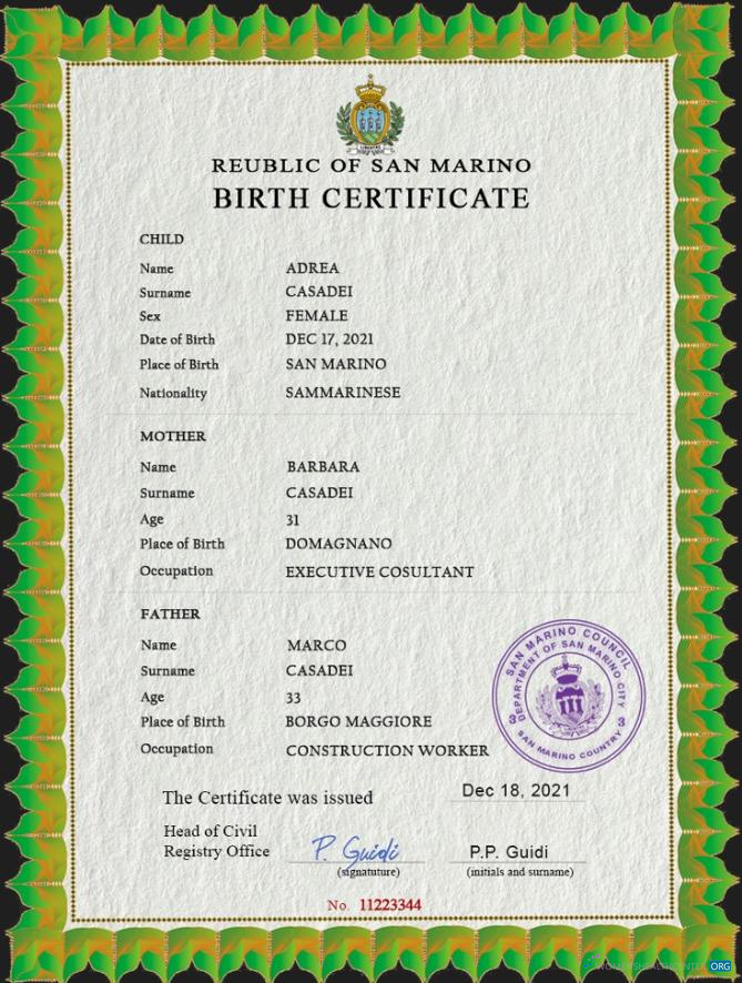 Редактируемый Скачать San Marino Birth Certificate PSD Шаблон Photoshop Шаблон