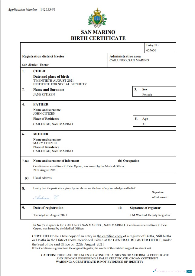 Профессиональный Скачать San Marino Birth Certificate Word и PDF Шаблон Photoshop Шаблон