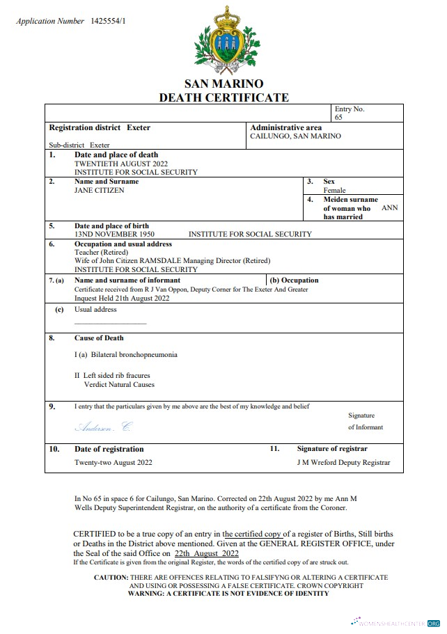 Редактируемый Скачать San Marino Death Certificate Word и PDF Шаблон Photoshop Шаблон