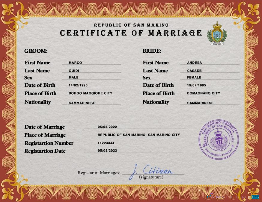 Качественный Скачать San Marino Marriage Certificate PSD Шаблон Photoshop Шаблон