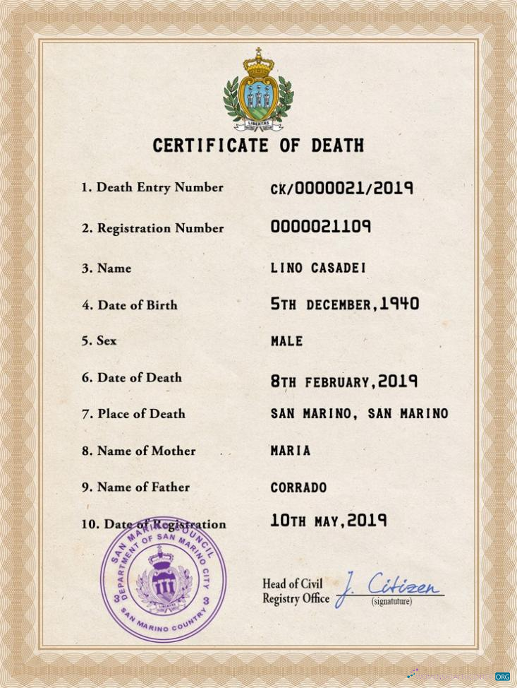 Редактируемый Скачать San Marino Vital Record Death Certificate PSD Шаблон Photoshop Шаблон
