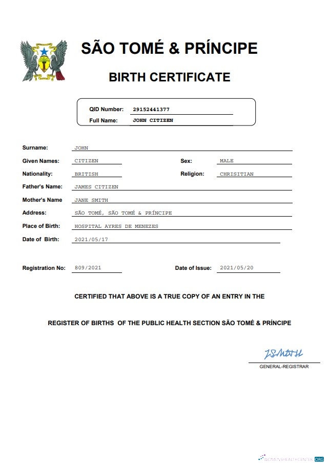 Редактируемый Скачать Sao Tome & Principe Vital Record Birth Certificate Word и PDF Шаблон Photoshop Шаблон