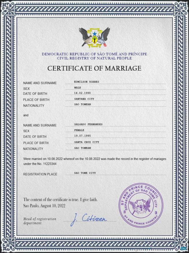 Реалистичный Скачать Sao Tome и Principe Marriage Certificate PSD Шаблон Photoshop Шаблон