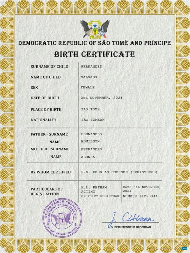Качественный Скачать Sao Tome и Principe Vital Record Birth Certificate PSD Шаблон Photoshop Шаблон