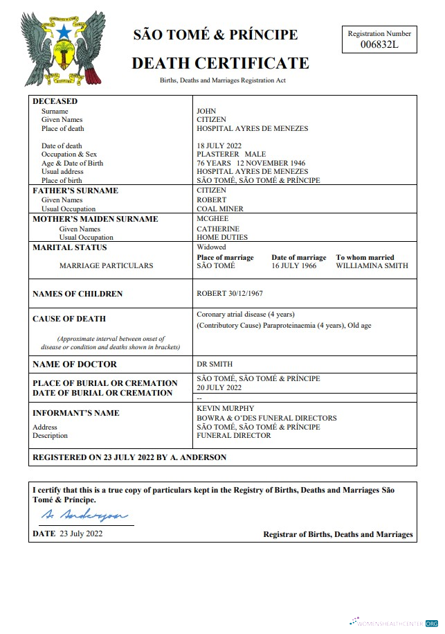Реалистичный Скачать Sao Tome и Principe Vital Record Death Certificate Word и PDF Шаблон Photoshop Шаблон