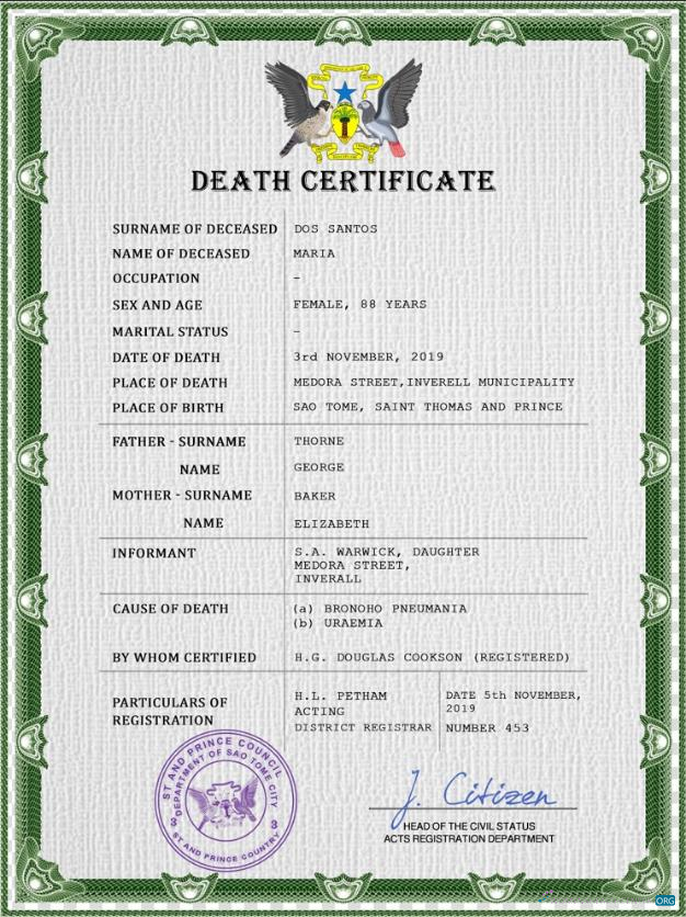 Качественный Скачать Sao Tome Vital Record Death Certificate PSD Шаблон Photoshop Шаблон