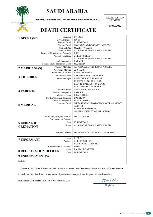 Реалистичный Скачать Саудовская Аравия Death Certificate Word и PDF Шаблон Photoshop Шаблон