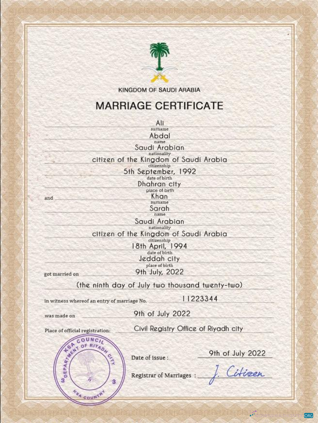 Профессиональный Скачать Саудовская Аравия Marriage Certificate PSD Шаблон Photoshop Шаблон