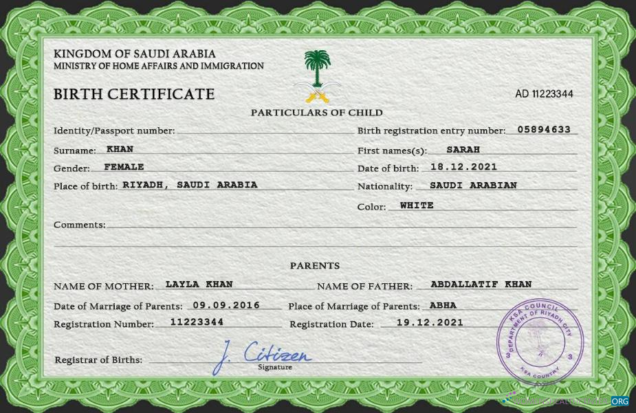Редактируемый Скачать Саудовская Аравия Vital Record Birth Certificate PSD Шаблон Photoshop Шаблон