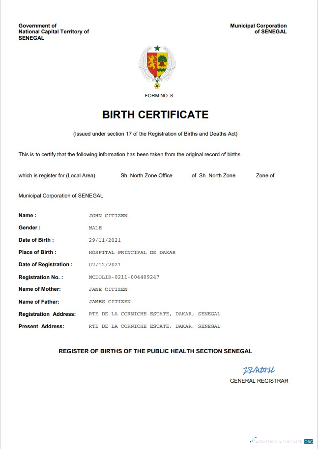 Редактируемый Скачать Сенегал Vital Record Birth Certificate Word и PDF Шаблон Photoshop Шаблон