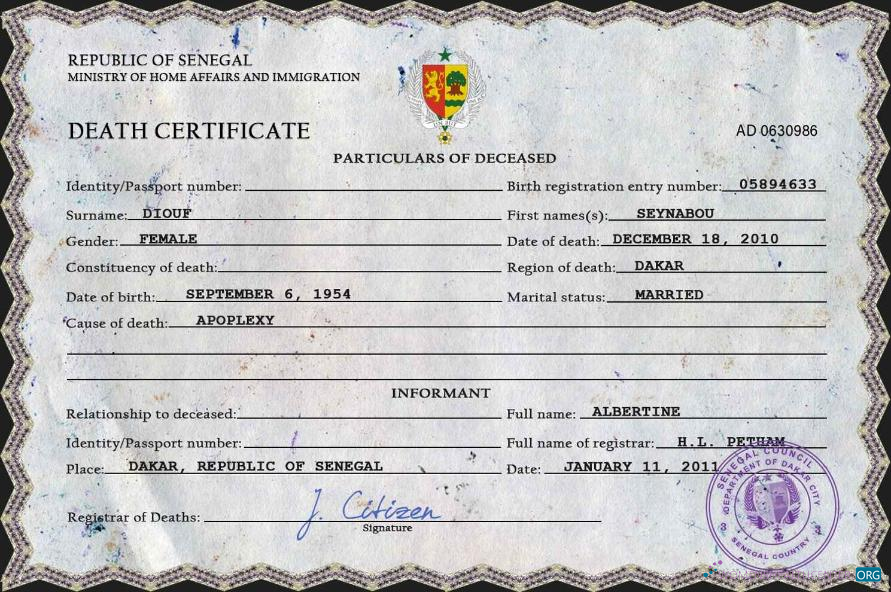 Премиум Скачать Сенегал Vital Record Death Certificate PSD Шаблон Photoshop Шаблон