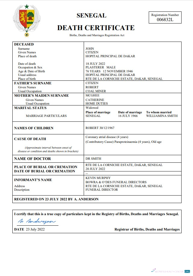 Качественный Скачать Сенегал Vital Record Death Certificate Word и PDF Шаблон Photoshop Шаблон