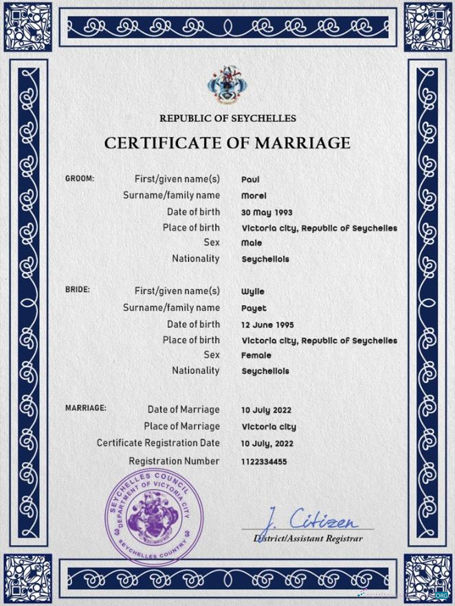 Реалистичный Скачать Сейшелы Marriage Certificate PSD Шаблон Photoshop Шаблон