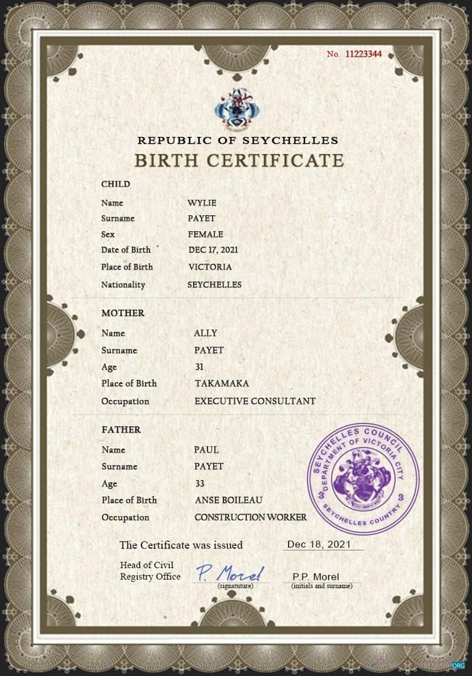 Реалистичный Скачать Сейшелы Vital Record Birth Certificate PSD Шаблон Photoshop Шаблон