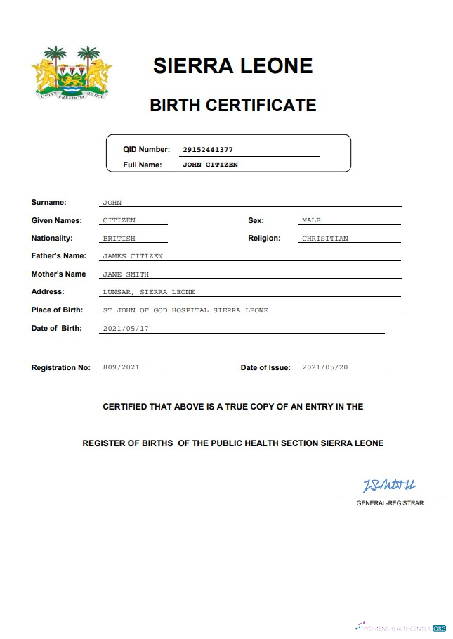 Реалистичный Скачать Сьерра-Леоне Birth Certificate Word и PDF Шаблон Photoshop Шаблон