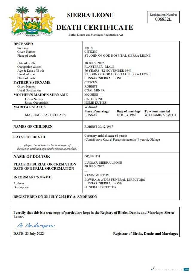 Редактируемый Скачать Сьерра-Леоне Death Certificate Word и PDF Шаблон Photoshop Шаблон