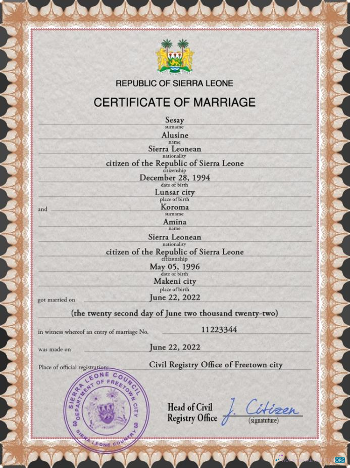Реалистичный Скачать Сьерра-Леоне Marriage Certificate PSD Шаблон Photoshop Шаблон