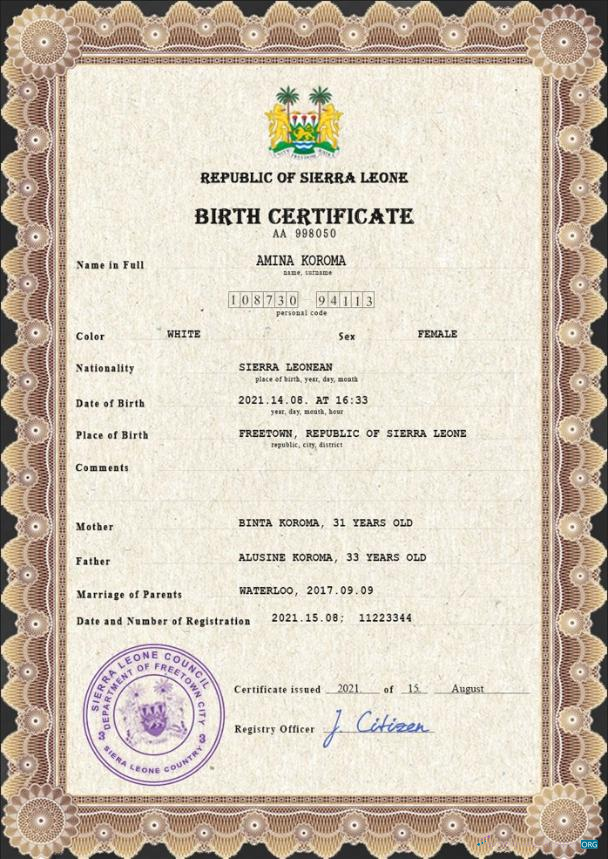Редактируемый Скачать Сьерра-Леоне Vital Record Birth Certificate PSD Шаблон Photoshop Шаблон