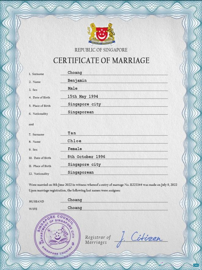 Премиум Скачать Сингапур Marriage Certificate PSD Шаблон Photoshop Шаблон