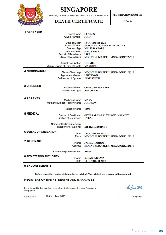 Премиум Скачать Сингапур Vital Record Death Certificate Word и PDF Шаблон Photoshop Шаблон