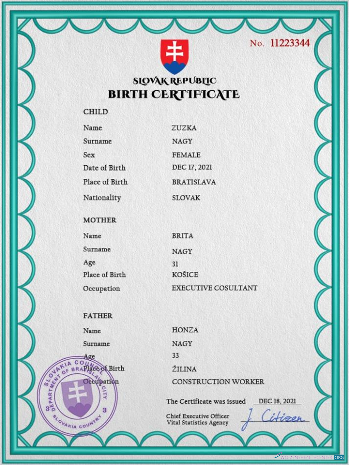 Реалистичный Скачать Словакия Birth Certificate PSD Шаблон Photoshop Шаблон