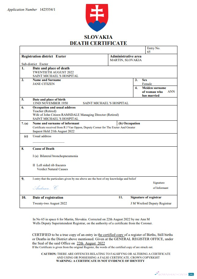 Качественный Скачать Словакия Death Certificate Word и PDF Шаблон Photoshop Шаблон