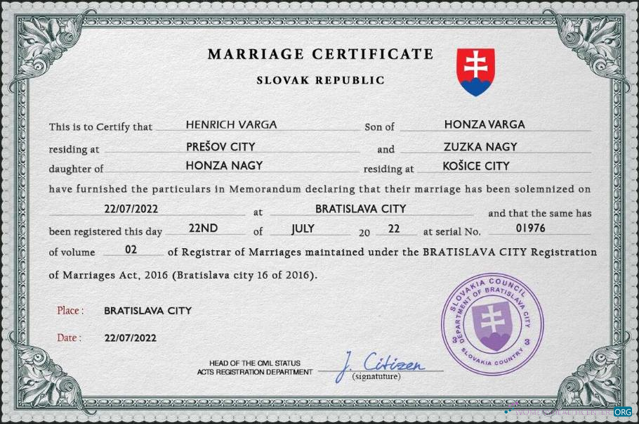 Редактируемый Скачать Словакия Marriage Certificate PSD Шаблон Photoshop Шаблон