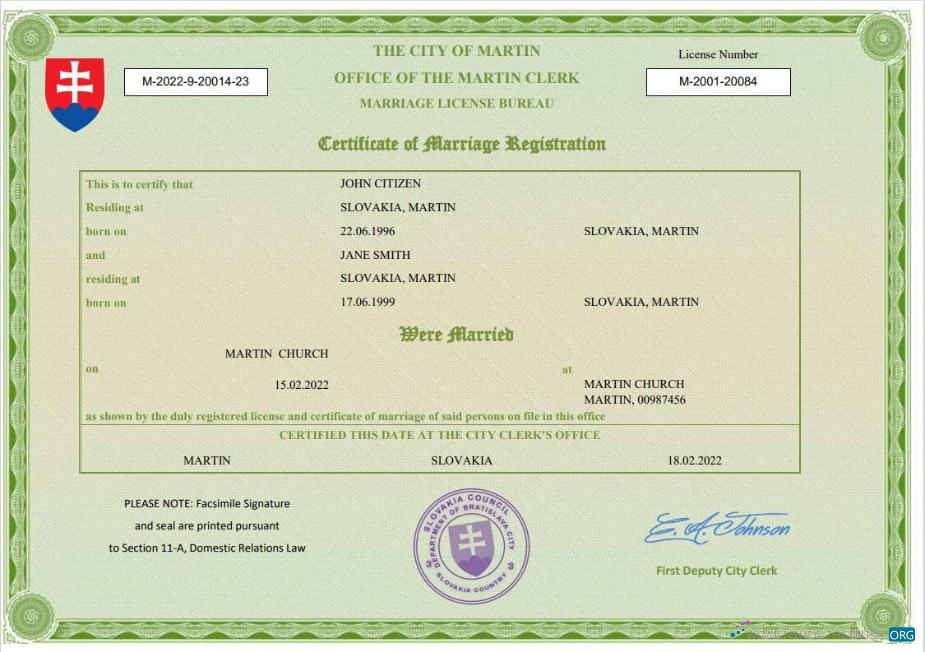 Редактируемый Скачать Словакия Marriage Certificate Word и PDF Шаблон Photoshop Шаблон