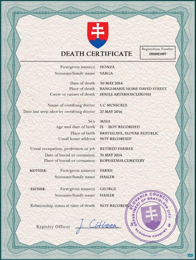 Реалистичный Скачать Словакия Vital Record Death Certificate PSD Шаблон Photoshop Шаблон