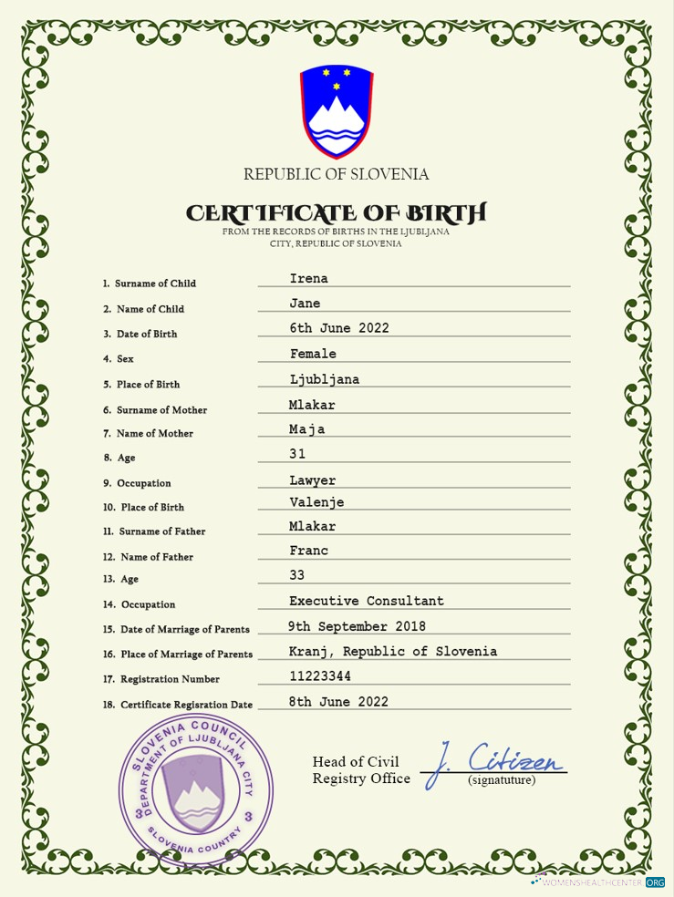 Реалистичный Скачать Словения Birth Certificate PSD Шаблон Photoshop Шаблон